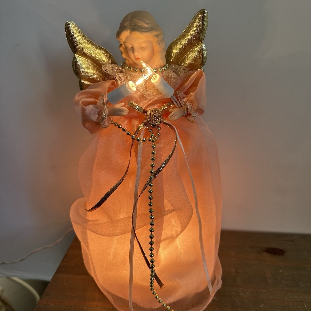 Vintage Angel Tree Topper Christmas Lighted Peach Gold Porcelain Face Hands 10"